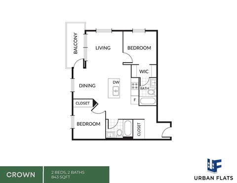 Floor plan for 2 beds, 2 baths, 843 sqft